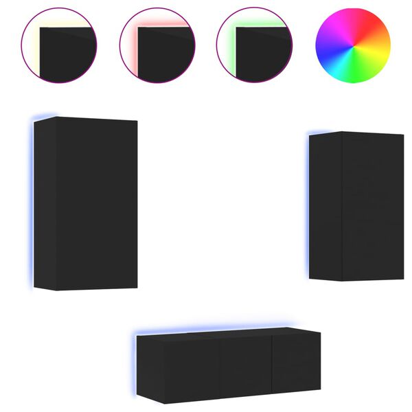 vidaXL 7-delige tv-wandmeubelset met LED bewerkt hout zwart