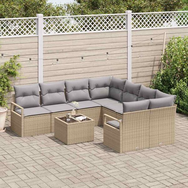 vidaXL Bankstel met kussen met opslag 9 pcs Beige en Grijs poly rattan