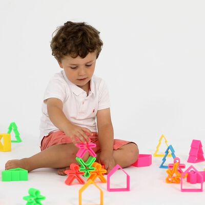 Dëna 54-delige Speelgoedset Neon kinderen, huizen en bomen silicone