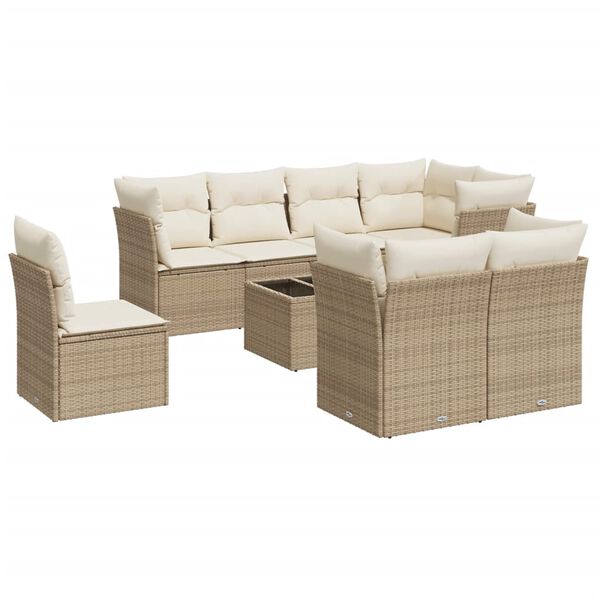 vidaXL 9-delige Loungeset met kussens poly rattan beige