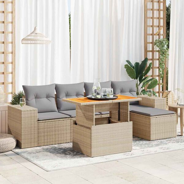 vidaXL 6-delige Loungeset met kussens poly rattan beige