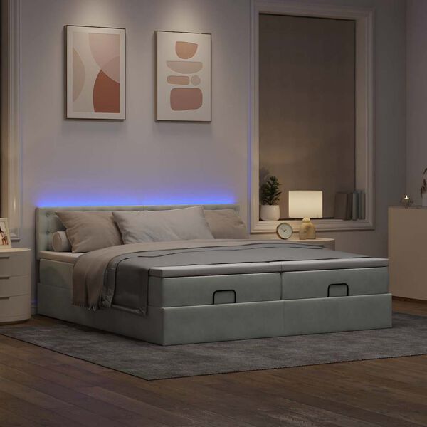 vidaXL Ottoman bed met matrassen en LED's 180x200cm fluweel lichtgrijs