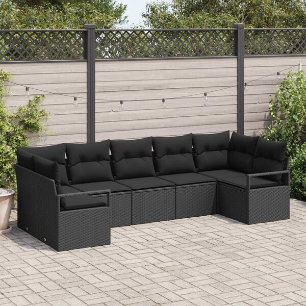 vidaXL Bankstel met kussen 7 pcs Zwart poly rattan