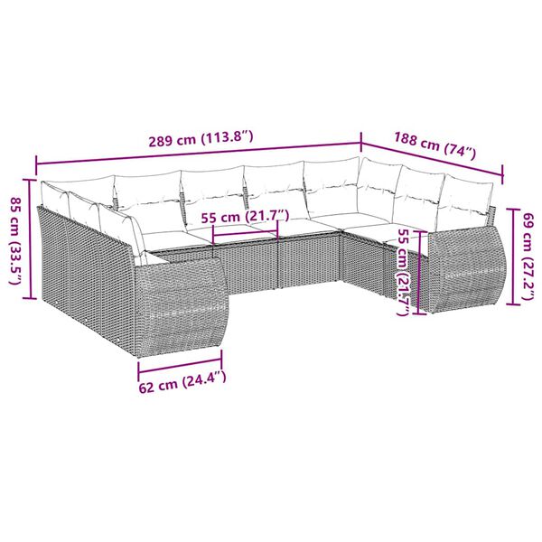 vidaXL 9-delige Loungeset met kussens poly rattan lichtgrijs