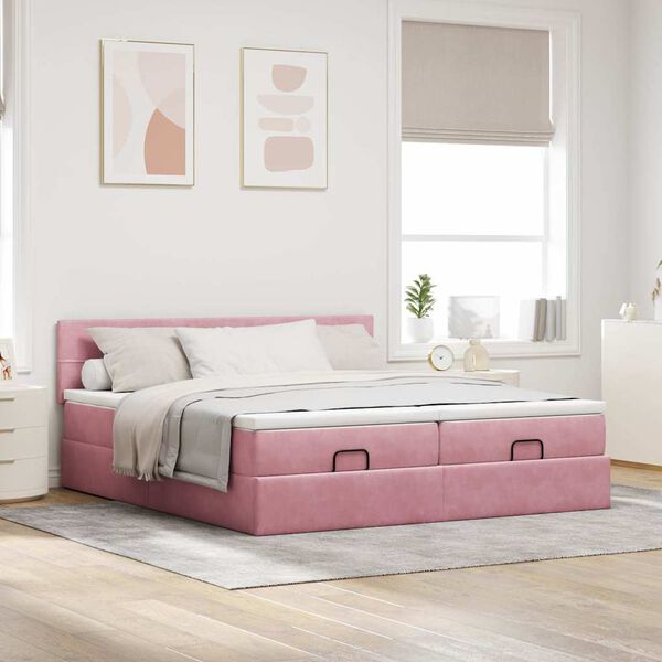 vidaXL Ottoman bed met matrassen en LED's 200x200cm fluweel roze