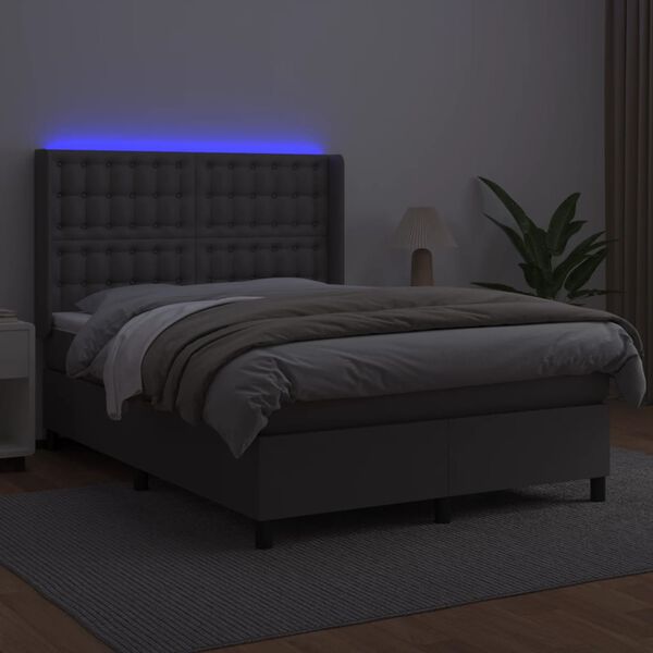 vidaXL Boxspring met matras en LED kunstleer grijs 140x200 cm