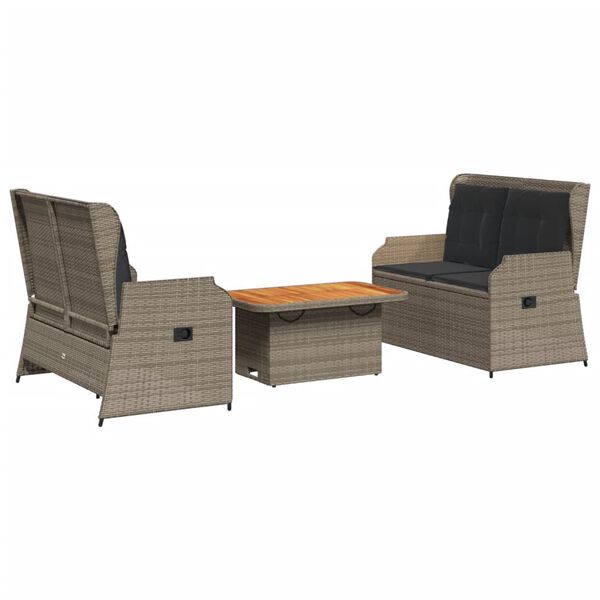 vidaXL 3-delige Loungeset met kussens poly rattan grijs