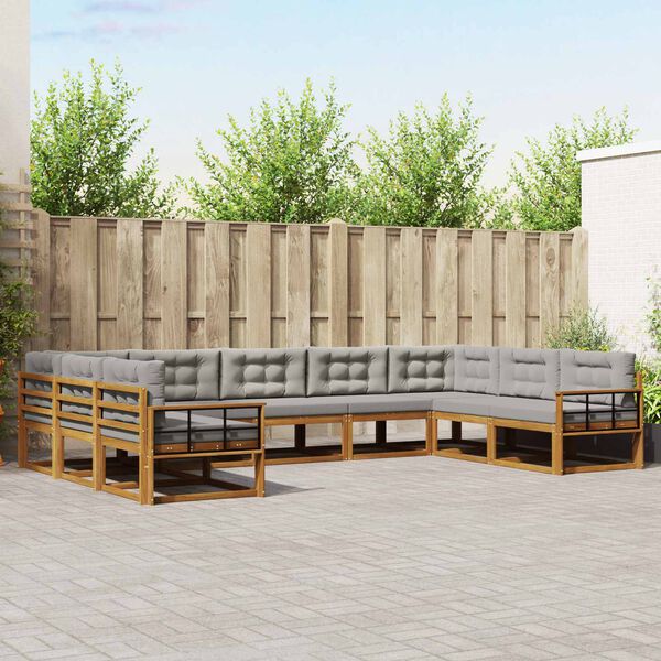 vidaXL Buiten bankenset met kussen 9 pcs Natuurlijk en Lichtgrijs