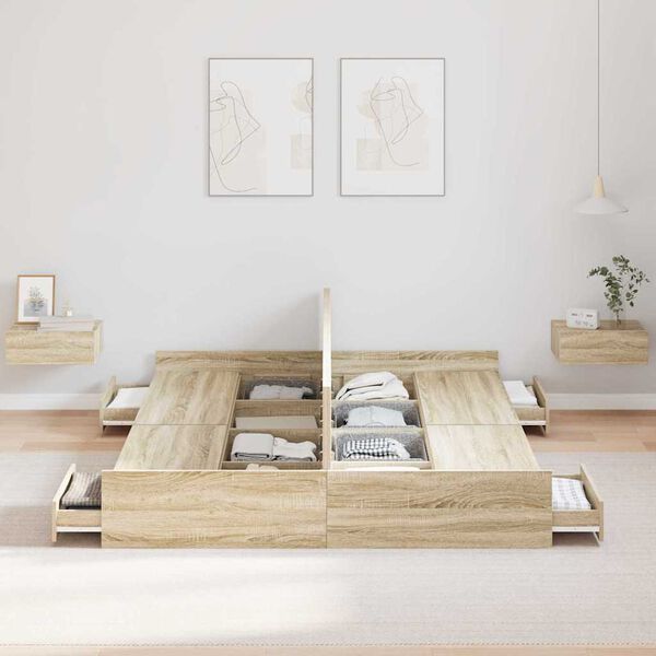 vidaXL Opbergbedframe met lade Sonoma Eiken 135 x 190 cm Bewerkt hout