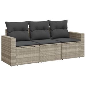 vidaXL 3-delige Loungeset met kussens poly rattan lichtgrijs