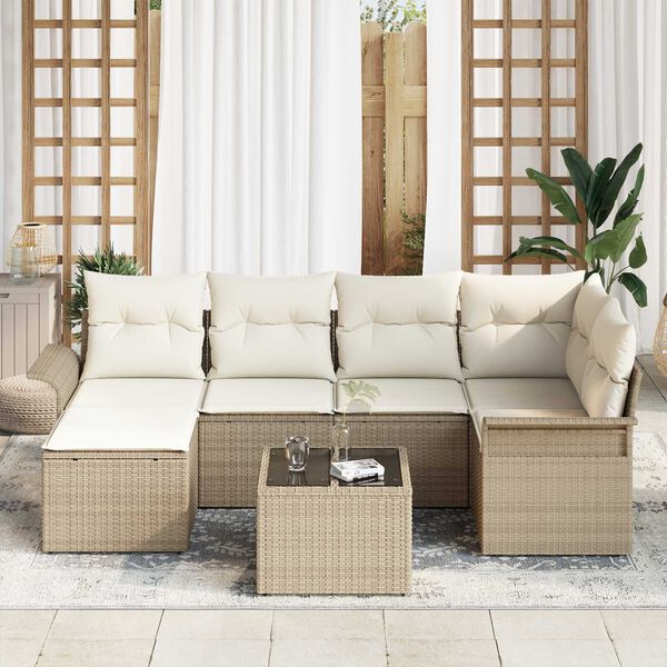 vidaXL Tuin Sofa Set met opslag 7 pcs Beige poly rattan