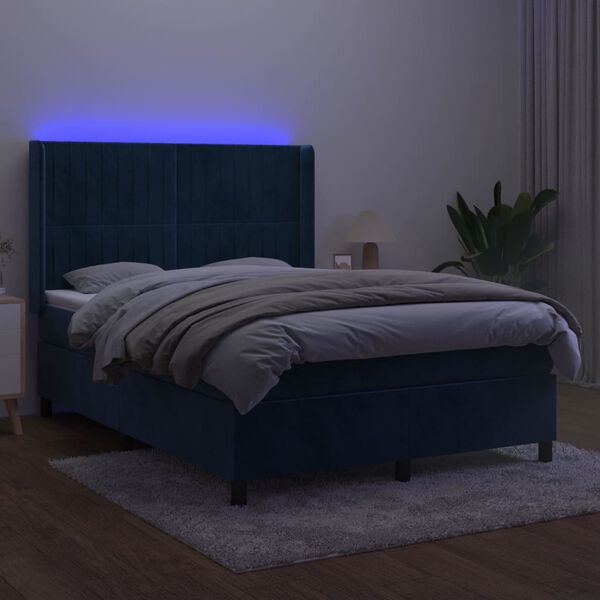 vidaXL Boxspring met matras en LED fluweel donkerblauw 140x200 cm