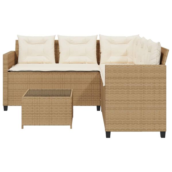 vidaXL Tuinbank met tafel en kussens L-vormig poly rattan beige