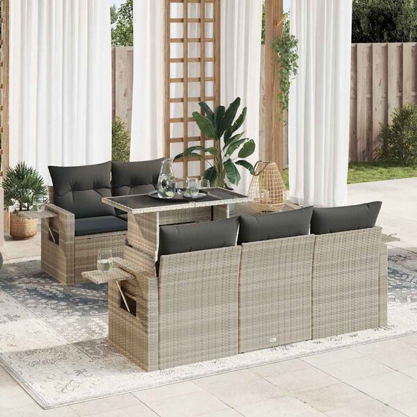 vidaXL 6-delige Loungeset met kussens poly rattan lichtgrijs