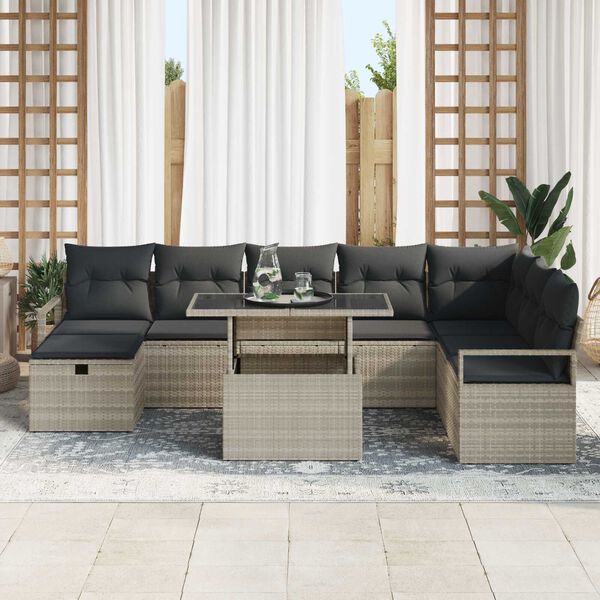 vidaXL Tuin Sofa Set met kussen met opslag 9 pcs Lichtgrijs Poly riet
