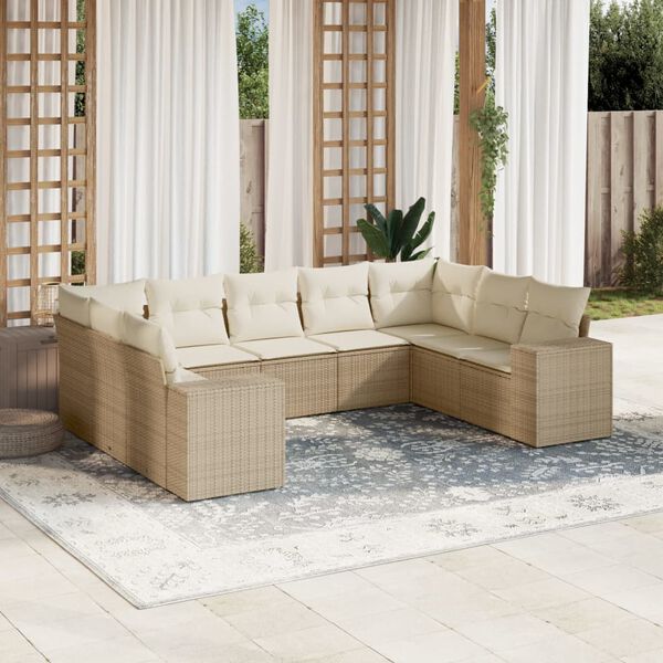 vidaXL 9-delige Loungeset met kussens poly rattan beige