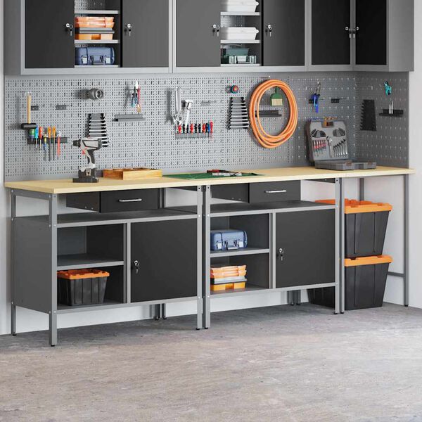 vidaXL Werkbankset met lade met slot 3 pcs Rood 255 x 55 x 85 cm Staal