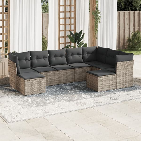 vidaXL 9-delige Loungeset met kussens poly rattan grijs