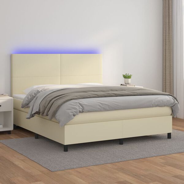 vidaXL Boxspring met matras en LED kunstleer cr&egrave;mekleurig 180x200 cm