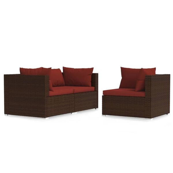 vidaXL 3-delige Loungeset met kussens poly rattan bruin
