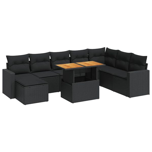vidaXL 9-delige Loungeset met kussens poly rattan zwart