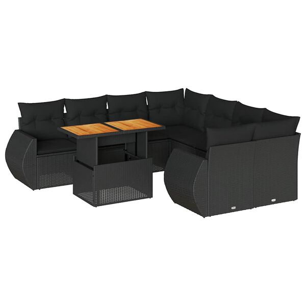vidaXL 9-delige Loungeset met kussens poly rattan zwart