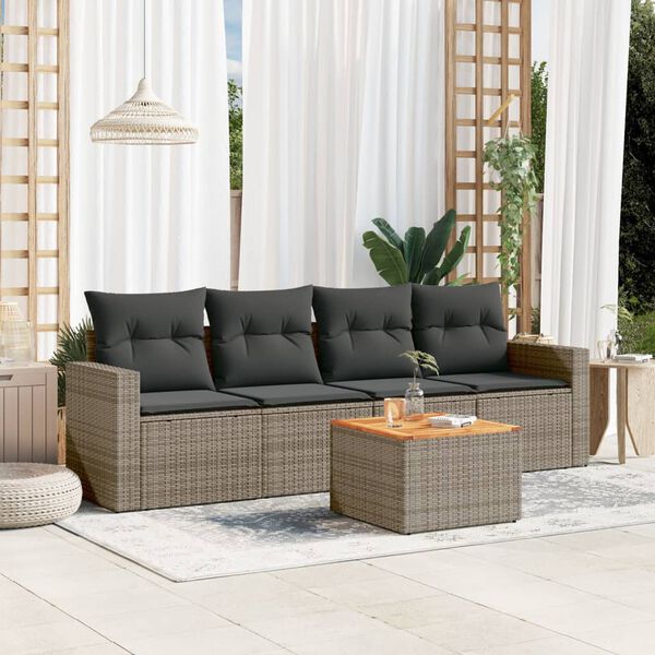 vidaXL 5-delige Loungeset met kussens poly rattan grijs