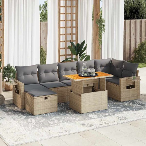 vidaXL 5-delige Loungeset met kussens poly rattan en acaciahout beige