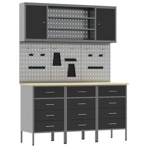 vidaXL Werk kast met lade met slot 7 st Zwart Engineered hout en staal