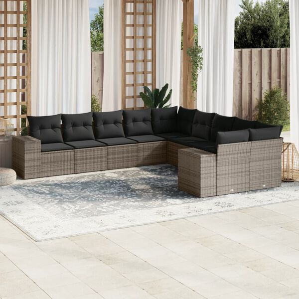 vidaXL 10-delige Loungeset met kussens poly rattan grijs