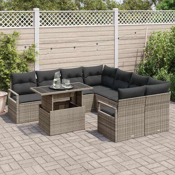 vidaXL Tuin Sofa Set met opslag met kussen 9 pcs Grijs poly rattan