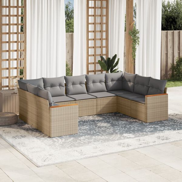 vidaXL 9-delige Loungeset met kussens poly rattan beige