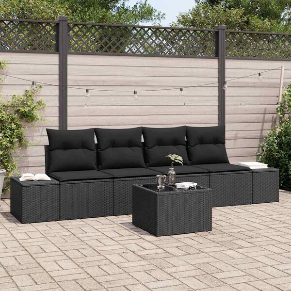 vidaXL Bankstel met kussen met kussen 5 pcs Zwart poly rattan