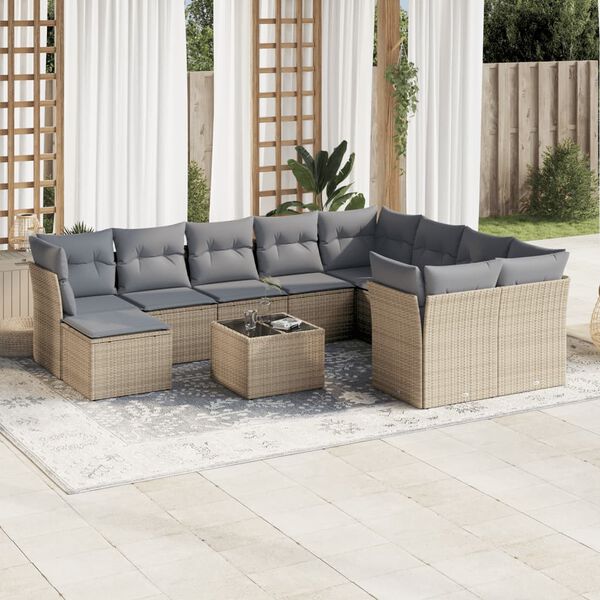 vidaXL 11-delige Tuinset met kussens poly rattan beige