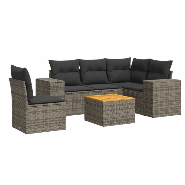 vidaXL 6-delige Loungeset met kussens poly rattan grijs