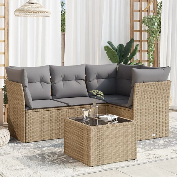 vidaXL 5-delige Loungeset met kussens poly rattan beige