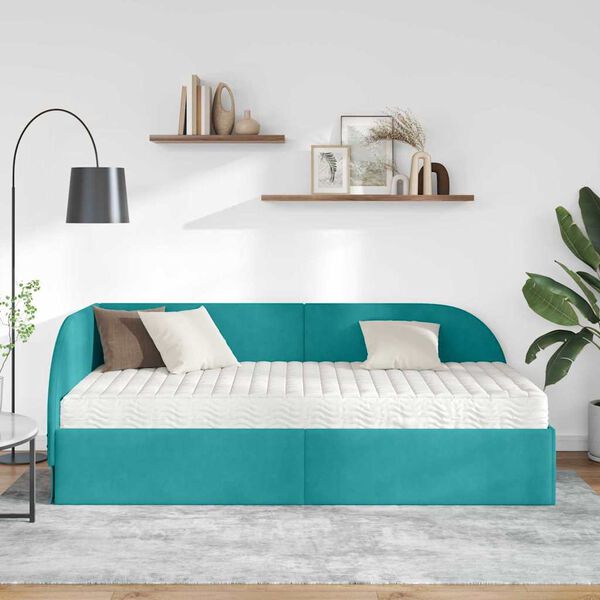 vidaXL Hoekbedframe met Matras met hoofdeinde 2 pcs Turquoise Fluweel