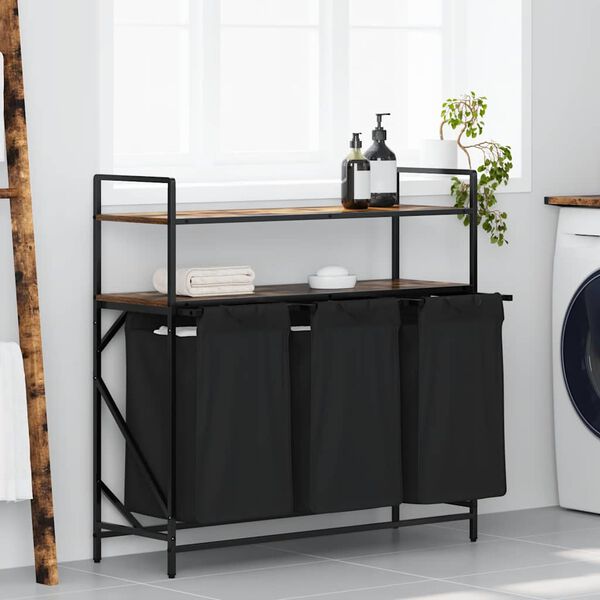 vidaXL Wasmand 3 vakken met planken gerookt eikenkleurig