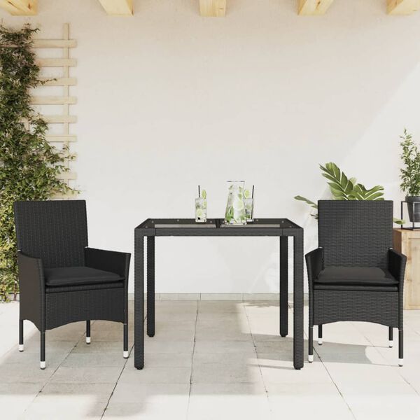 vidaXL 3-delige Tuinset met kussens poly rattan en glas zwart
