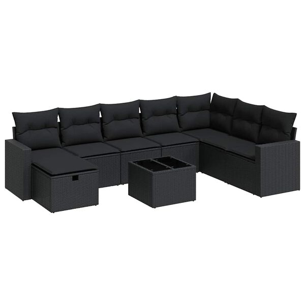 vidaXL 9-delige Loungeset met kussens poly rattan zwart