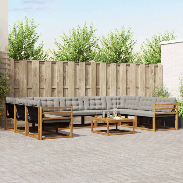 vidaXL Buiten bankenset met kussen 10 pcs Natuurlijk en Lichtgrijs