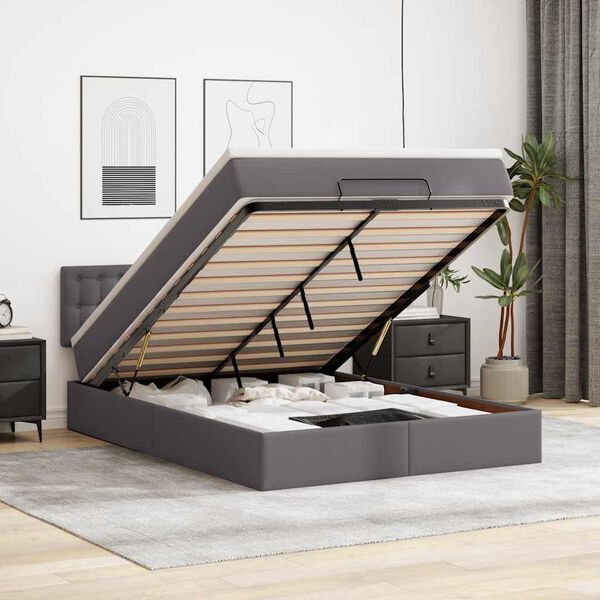 vidaXL Bed poef met matrassen en LED's 140x190cm kunstleer grijs