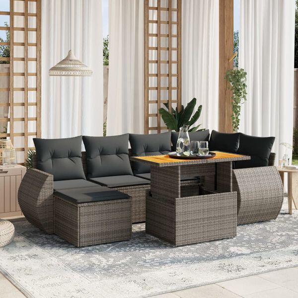 vidaXL 7-delige Loungeset met kussens poly rattan grijs