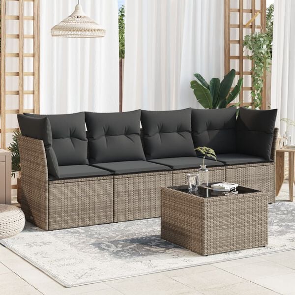 vidaXL 5-delige Loungeset met kussens poly rattan grijs