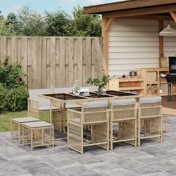 vidaXL 11-delige Tuinset met kussens poly rattan beige