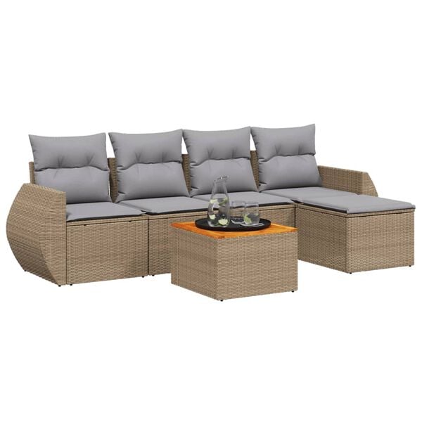 vidaXL 6-delige Loungeset met kussens poly rattan beige