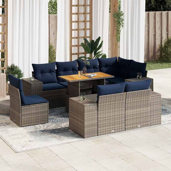 vidaXL 9-delige Loungeset met kussens poly rattan grijs