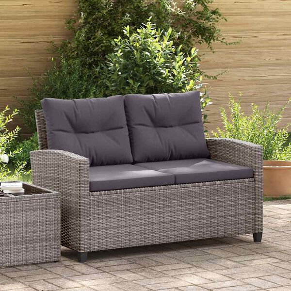 vidaXL Tuinbank 2-zits met kussens 124 cm poly rattan grijs