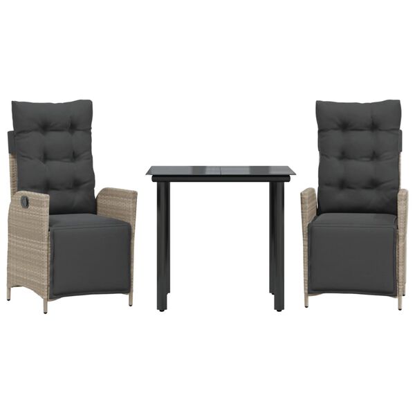 vidaXL 3-delige Tuinset met kussens poly rattan lichtgrijs