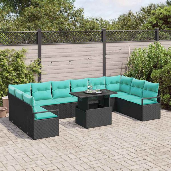 vidaXL Tuin Sofa Set met kussen 11 pcs Zwart en blauw poly rattan